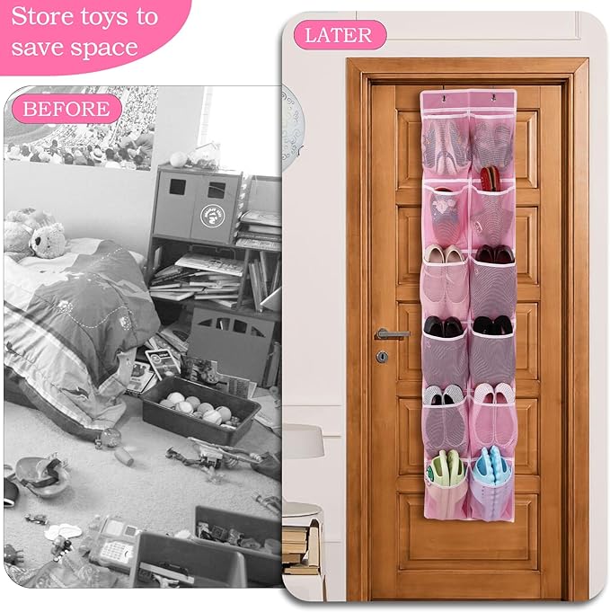 Over the Door 12 Pocket Hanging Shoe Organizer, Pink