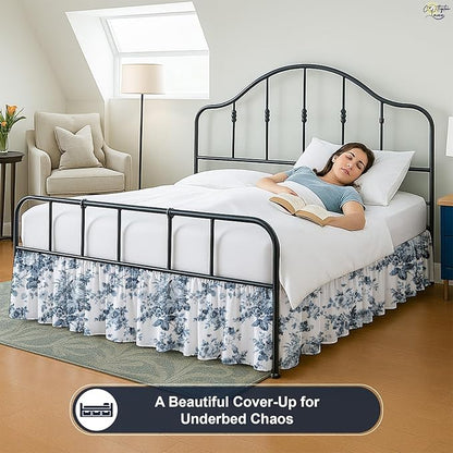 Cottington Lane Ruffled Bed Skirt King Size with Split Corner, Brushed Microfiber Hotel Quality Dust Ruffle, 15 Inch Drop Gathered Bedskirt, Soft, Stylish, Shrink & Fade Resistant, Blue Floral Bliss