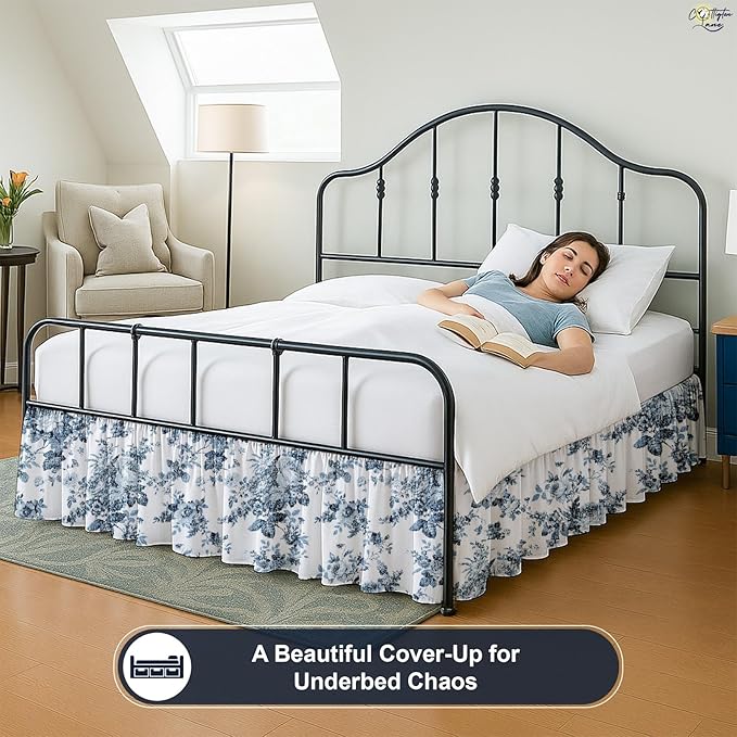 Cottington Lane Ruffled Bed Skirt Queen Size with Split Corner, Brushed Microfiber Hotel Quality Dust Ruffle, 16 Inch Drop Gathered Bedskirt, Soft, Stylish, Shrink & Fade Resistant, Blue Floral Bliss