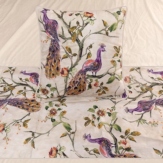 The HomeCentric King Queen Twin Ivory & Multicolor Decorative CA King 86"x18" Bed Runner Without Pillow Cover, Peacock Bed Scarf on Cotton Printed with Beads Fabric - Peacock Queen