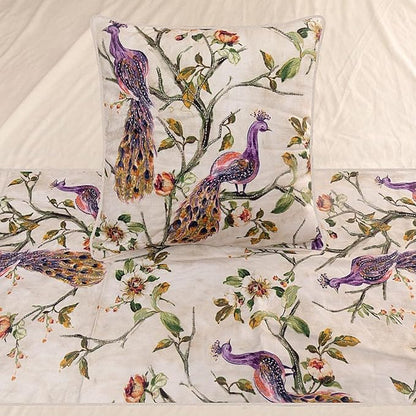 The HomeCentric King Queen Twin Ivory & Multicolor Decorative CA King 86"x18" Bed Runner Without Pillow Cover, Peacock Bed Scarf on Cotton Printed with Beads Fabric - Peacock Queen