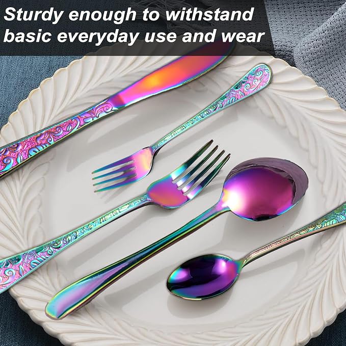 Runfly Vintage Carved Rainbow Stainless Steel 20-Piece Flatware Set |