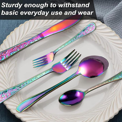 Runfly Vintage Carved Rainbow Stainless Steel 20-Piece Flatware Set |