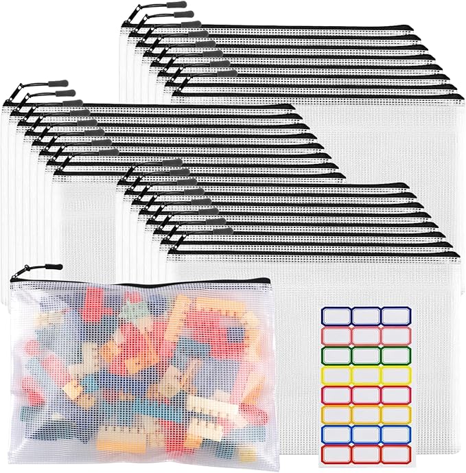 24pcs Large Mesh Zipper Pouch File Bags YOPCDJ Reusable Zippered Pouches for Organizing Classroom, Board Game Storage, Puzzle Bags Black