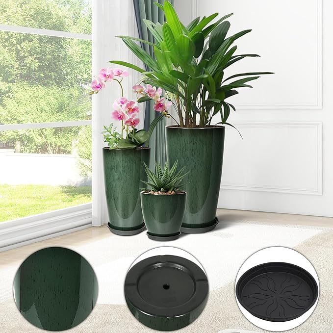 24/21/12 Inch Large Plastic Planter, Lightweight Ceramic-Look Tall Planters