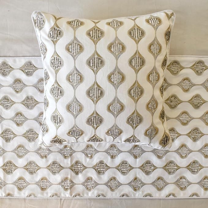The HomeCentric King/Queen/Twin Beige Decorative Bed Runner King 90"x18" Bed Runner with Two Pillow Cover, Embroidery, Geometric, Beaded Hand Embroidery Bed Scarf on Linen Fabric - Mahsa