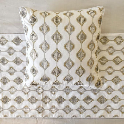 The HomeCentric King/Queen/Twin Beige Decorative Bed Runner Queen 74"x18" Bed Runner with Two Pillow Cover, Embroidery, Geometric, Beaded Hand Embroidery Bed Scarf on Linen Fabric - Mahsa