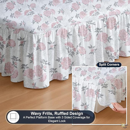 Cottington Lane Ruffled Bed Skirt Queen Size with Split Corner, Brushed Microfiber Hotel Quality Dust Ruffle, 14 Inch Drop Gathered Bedskirt, Soft, Stylish, Shrink & Fade Resistant, Blush Petals