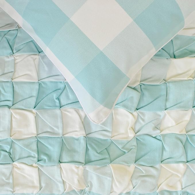 The HomeCentric King/Queen/Twin Aqua Decorative Bed Runner Queen 74"x18" Bed Runner with Two Pillow Cover, Checkered, Buffalo Plaid, Check Bed Scarf on Cotton Fabric - Aqua Plaid Knots