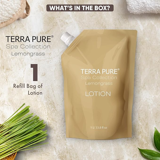 Terra Pure Spa Collection 1 Liter Lotion Refill Bag For Soap Dispensers | Bulk Toiletries for Vacation Rentals, and Home Bathroom Showers | Green Tea Lemongrass | Single