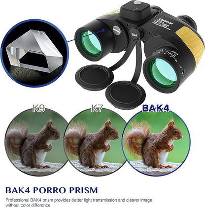 AOMEKIE Marine Binoculars for Adults 7X50 Military Waterproof Binoculars with Illuminated Rangefinder Compass BAK4 Prism IPX7 Fogproof for Boating Navigation Hunting Fishing Water Sports
