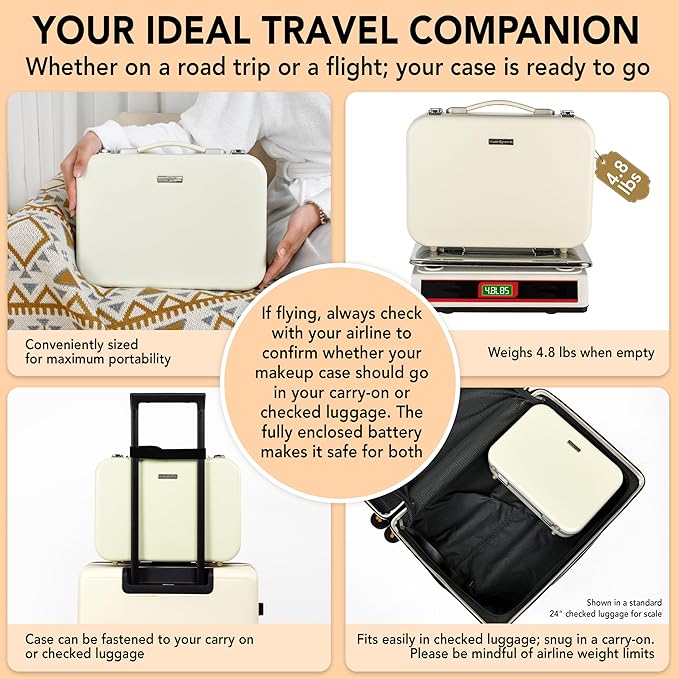 Lighted Makeup Case with Mirror - Large Size 13.4" x 10.2" - Travel Makeup Case With Mirror - Rechargeable LED Travel Vanity Case with Adjustable Brightness - Train Case Makeup Bag - White