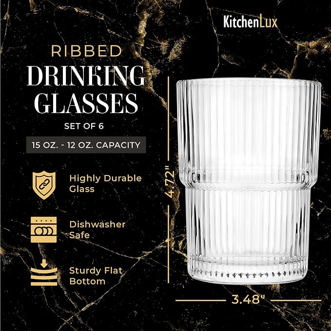 Kitchen Lux Ribbed Glass Cups 15oz Lowball Short Rocks Glass | Stackable Ribbed