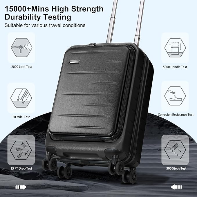 Carry On Luggage 22×14×9 Airline Approved, 20 Inch Lightweight ABS+PC Hard Shell Suitcases with Front Pocket, Spinner Wheels, TSA Lock (Black, 1PC)