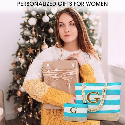 Becokan Beach Bag Initial Beach Tote with Makeup Bag for Travel Work Storage Personalized Birthday Gifts for Women Her