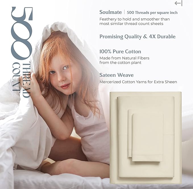 Mayfair Linen 500 Thread Count California King Cotton Sheets - 4 PC Cal King Size Bed Sheet Set Cotton (Sand), Soft, Cooling, Sateen Weave 16" Deep Pocket Bedsheet for Hot Sleepers (Fits 18" Mattress)