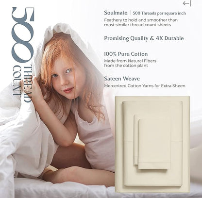 Mayfair Linen 500 Thread Count California King Cotton Sheets - 4 PC Cal King Size Bed Sheet Set Cotton (Sand), Soft, Cooling, Sateen Weave 16" Deep Pocket Bedsheet for Hot Sleepers (Fits 18" Mattress)