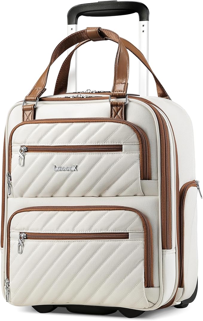 LUGGEX Underseat Carry On Luggage with Wheels, Stylish Lightweight Under Seat Luggage, Soft Sided Personal Item Suitcase for Short Trip (Cream White, 16 Inch)