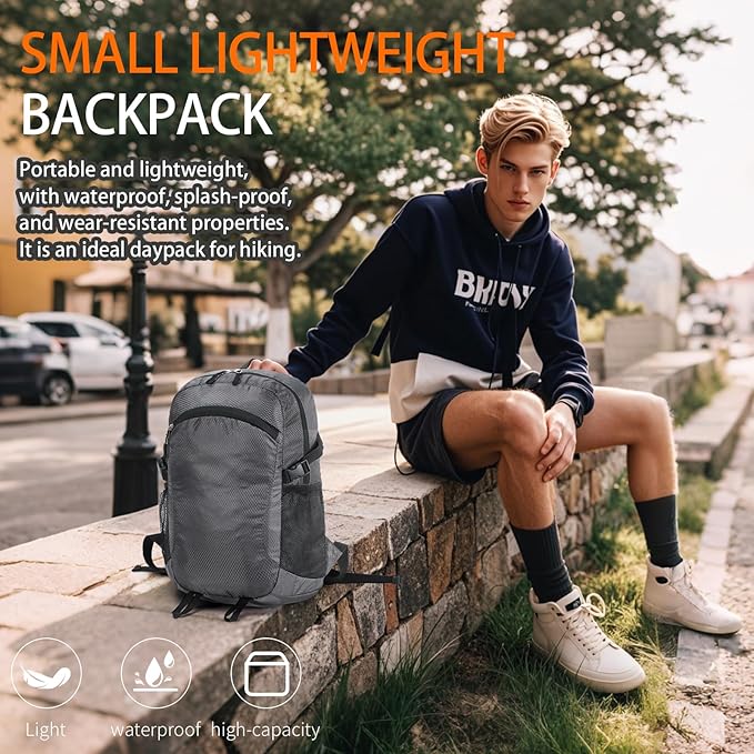Small Hiking Daypack,15L Waterproof Hiking Backpack Packable Lightweight Travel Day Pack for Women Men (Grey, Small)