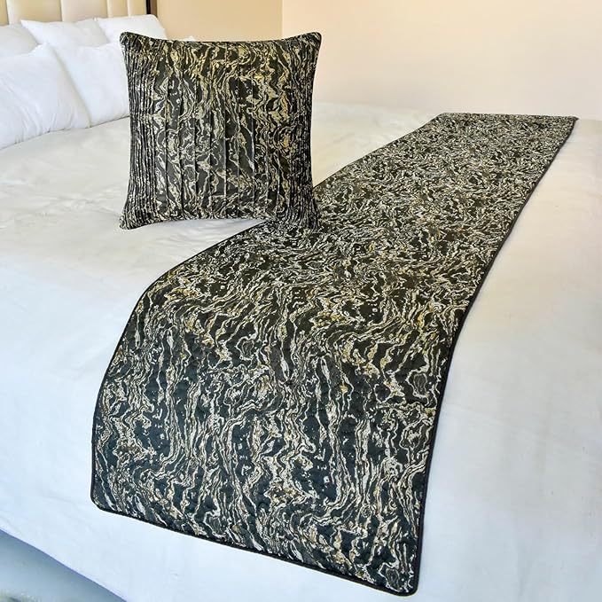 The HomeCentric King/Queen/Twin Black Decorative Bed Runner CA King 86"x18" Bed Runner Without Pillow Cover, Marble Pattern, Pintucks, Quilted Bed Scarf on Jacquard Fabric - Stellaris