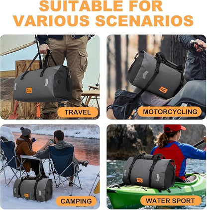 Waterproof Duffel Bag, 70L Roll-top Motorcycle Dry Bag with Air Valve & Quick-fixed Straps, Travel Duffle Bags for Kayaking Paddle Boarding Rafting Boating Camping Riding Fishing - Grey