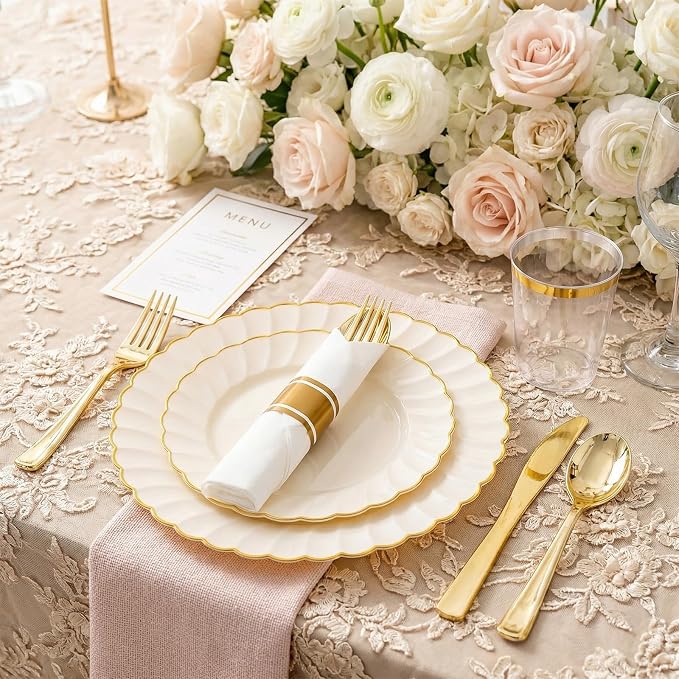 YOUBET 350PCS Ivory Scalloped Plastic Plates