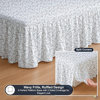 Cottington Lane Ruffled Bed Skirt Queen Size with Split Corner, Brushed Microfiber Hotel Quality Dust Ruffle, 14 Inch Drop Gathered Bedskirt, Soft, Stylish, Shrink & Fade Resistant, Coco Rose Leaf