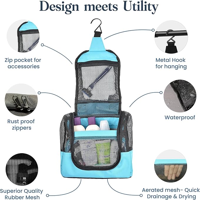The Fine Living Co. Portable Hanging Shower Caddy Organizer Bag (Free Toiletries Case+Metal Hook) Quick Dry Mesh Shower Caddy Tote Bag Pouch For Bathroom College Dorm Camp Gym Camping 10”x4”x8”(Aqua)