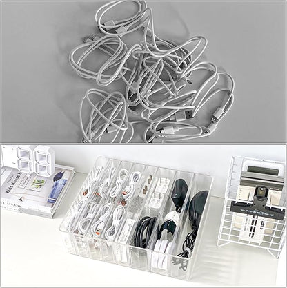 Yesesion Clear Cord Storage Box with Wire Ties, Plastic Cable Organizer for Drawer, Large Desk Accessories Case Container for Phone Charger, Battery, Art Crafts, Home Office Supplies, 2 Pack