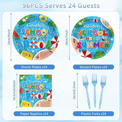 96 Pcs Goodbye School Hello Pool Party Decorations, Summer Pool Party Plates