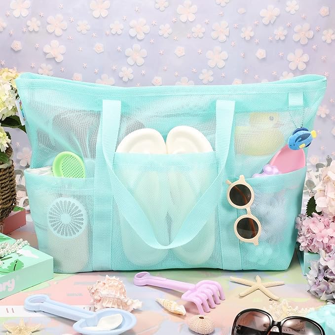 Tagitary Mesh Beach Bag with Zipper Large Beach Tote Waterproof Sandproof with 8 Pockets for Toys Pool Bag Beach Accessories