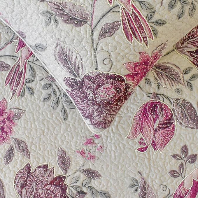 The HomeCentric King/Queen/Twin Pink Decorative Full 68"x18" Bed Runner with 2 Pillow Cover, Quilted, Printed & Pearl Embroidery Bed Scarf on Cotton Fabric - Vintage Birdie