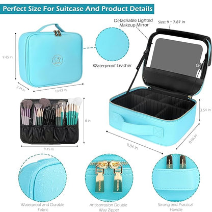 MOMIRA Travel Makeup Bag Cosmetic Bag with Lighted Mirror, Adjustable Brightness in 3 Color Scenarios, Waterproof, 10x Magnifying Mirror, Rotatable Independent Light Mirror- Diamond Blue(Solid)