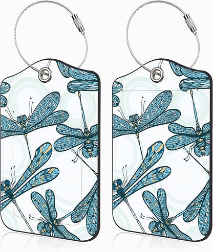 2 Pack Luggage Tags for Suitcases Vintage Blue Dragonflies Leather Luggage Tags Privacy Cover ID Label with Stainless Steel Loop and Address Card for Women Men Travel Bag Backpack