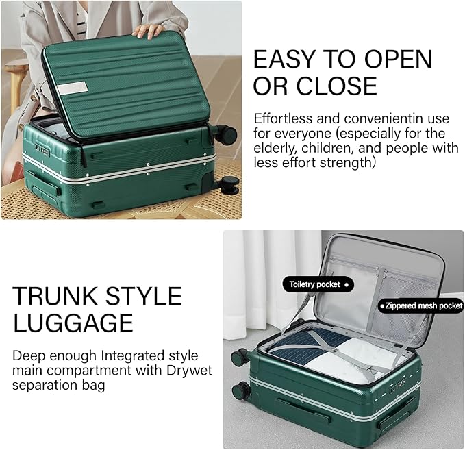 Hanke 24 Inch Checked Luggage Front Opening Rolling Suitcase Hard Sided Luggage with Spinner Wheels Travel Luggagefor Woman Men.(Dark Green)