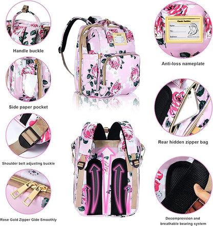 Diaper Bag Backpack with Changing Station, Foldable for Bady Toddler, 3 in 1 Large Capacity Newborn Essentials Organizer with Stroller Hook for Girls and Boys（Pink）