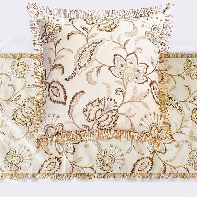 The HomeCentric King/Queen/Twin Beige Decorative Bed Runner Queen 74"x18" Bed Runner Without Pillow Cover, Floral, Pearl, Jute Lace, Embroidery Bed Scarf on Cotton Fabric - Floral Luster