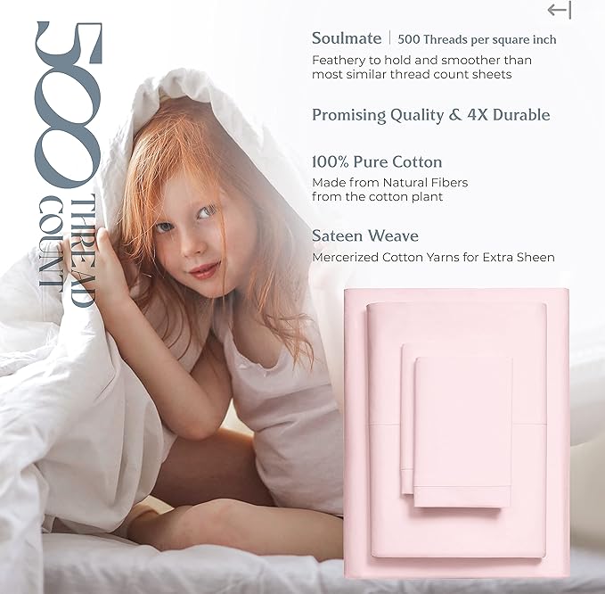 Mayfair Linen 500 Thread Count Twin XL Cotton Sheets - 3 PC Twin XL Size Bed Sheet Set Cotton (Blush), Soft, Cooling, Sateen Hotel-Quality 16" Deep Pocket Bedsheet for Hot Sleepers (Fits 18" Mattress)