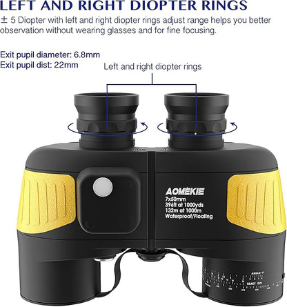 AOMEKIE Marine Binoculars for Adults 7X50 Military Waterproof Binoculars with Illuminated Rangefinder Compass BAK4 Prism IPX7 Fogproof for Boating Navigation Hunting Fishing Water Sports