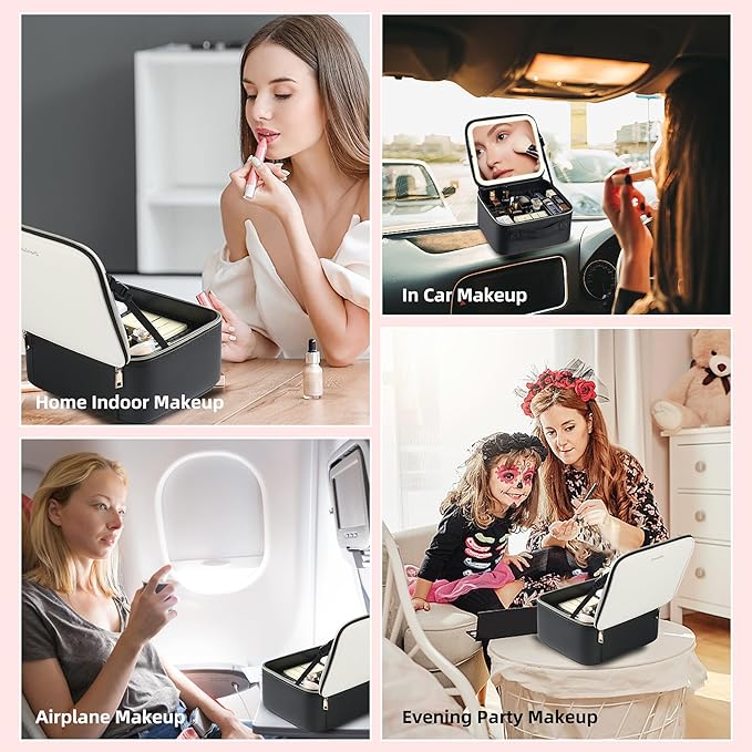 Travel Makeup Bag with LED Mirror – Waterproof Cosmetic Train Case with Adjustable Dividers, Portable Makeup Organizer and Toiletry Bag for Women, Teens & Girls Gift, White