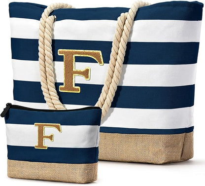 Becokan Beach Bag Initial Beach Tote with Makeup Bag for Travel Work Storage Personalized Birthday Gifts for Women Her
