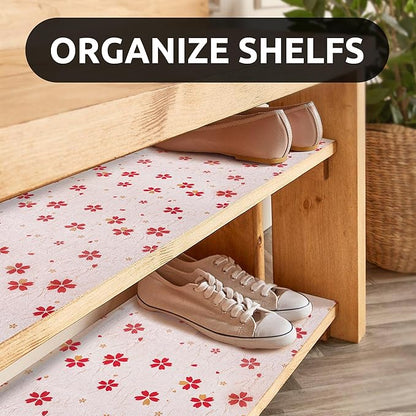RAY STAR 18X96 Inch Shelf Liner for Kitchen Cabinets, Non-Adhesive Cabinet Liner Washable, PVC Drawer Liner for Dresser Non-Slip Bathroom (Red Floral)(5 Roll)