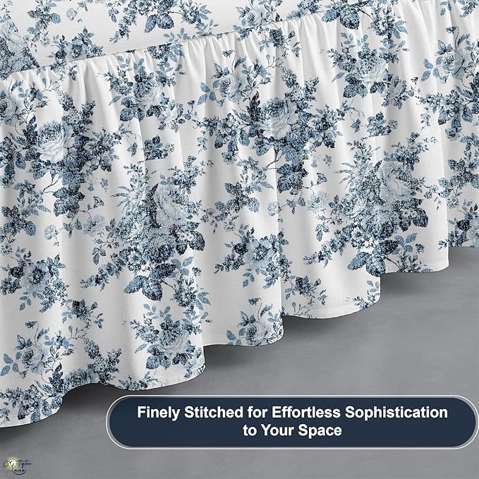 Cottington Lane Ruffled Bed Skirt Queen Size with Split Corner, Brushed Microfiber Hotel Quality Dust Ruffle, 16 Inch Drop Gathered Bedskirt, Soft, Stylish, Shrink & Fade Resistant, Blue Floral Bliss