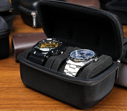 Hard Compact Watch Roll travel case, 2 Slots Portable holder and Organizer with Soft Pillow, keep watch from moving(fit up to 55 mm)