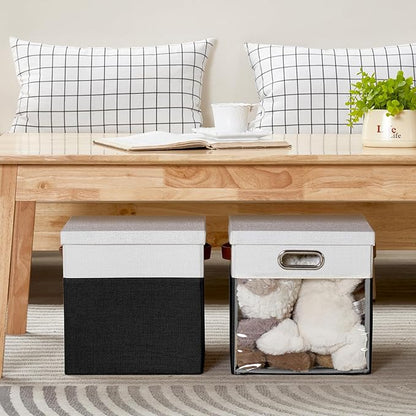 Fabric Storage Cubes with Clear Windows and Lids 11'' Foldable Storage Bins with 3 Handles, Decorative Storage Boxes for Home, Bedroom, Closet, Office (Balck & White)