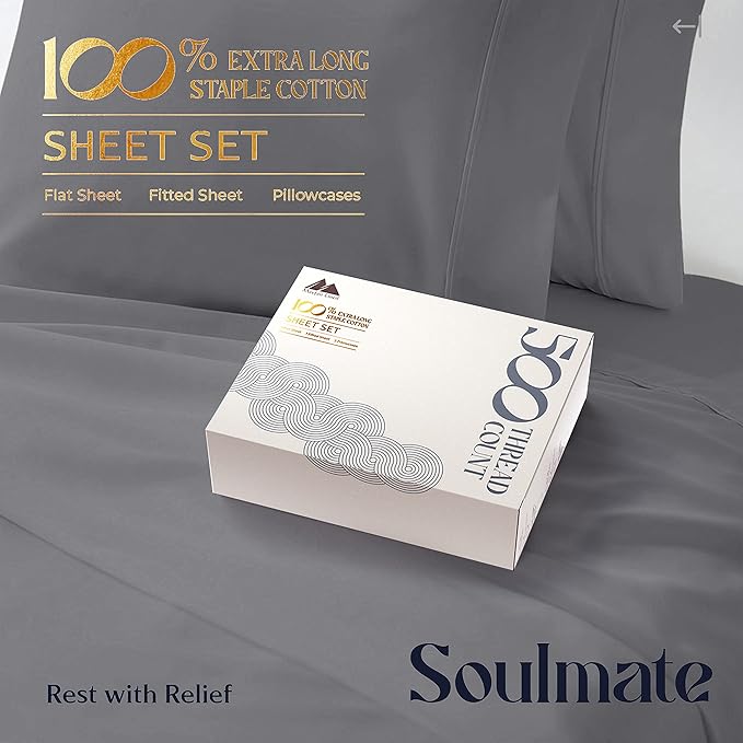 Mayfair Linen 100% Cotton Bed Sheets Twin Sheet Set - 500 Thread Count Sheets Twin Size 3 PC Set (Dark Grey), Soft, Cooling, Hotel-Quality 16" Deep Pocket Sateen Weave Cotton Bedsheet for Dorm Room