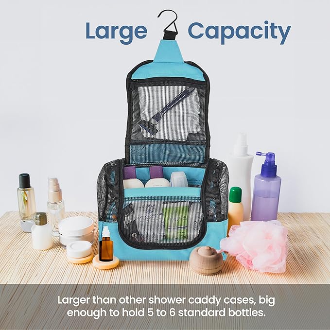 The Fine Living Co. Portable Hanging Shower Caddy Organizer Bag (Free Toiletries Case+Metal Hook) Quick Dry Mesh Shower Caddy Tote Bag Pouch For Bathroom College Dorm Camp Gym Camping 10”x4”x8”(Aqua)