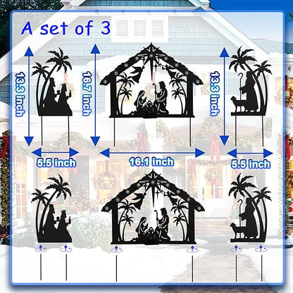 3Pack Lighted Metal Nativity Scene Garden Stake, Solar Christmas Decorations