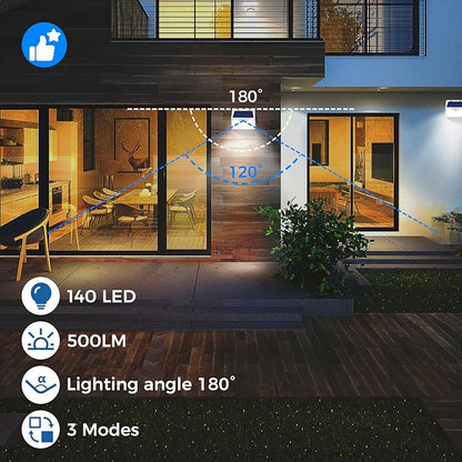 Peasur Solar Powered Lights Outdoor Motion Sensor, 2 Pack 140 LED Fence Light