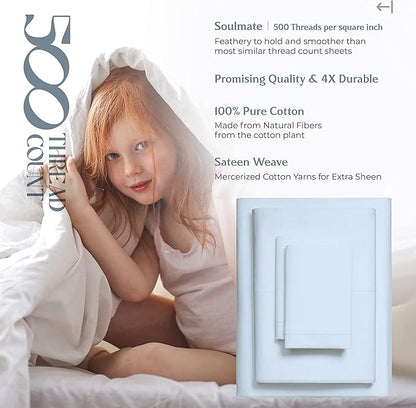 Mayfair Linen 100% Cotton Bed Sheets Twin Sheet Set - 500 Thread Count Sheets Twin Size 3 PC Set (Light Blue), Soft, Cooling, Hotel-Quality 16" Deep Pocket Sateen Weave Cotton Bedsheet for Dorm Room